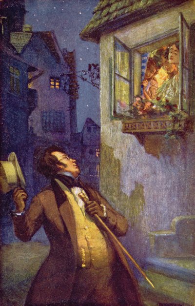 Viennese postcard depicting Franz Peter Schubert greeting the three Tschoell sisters, c.1910 by Adolf Karpellus